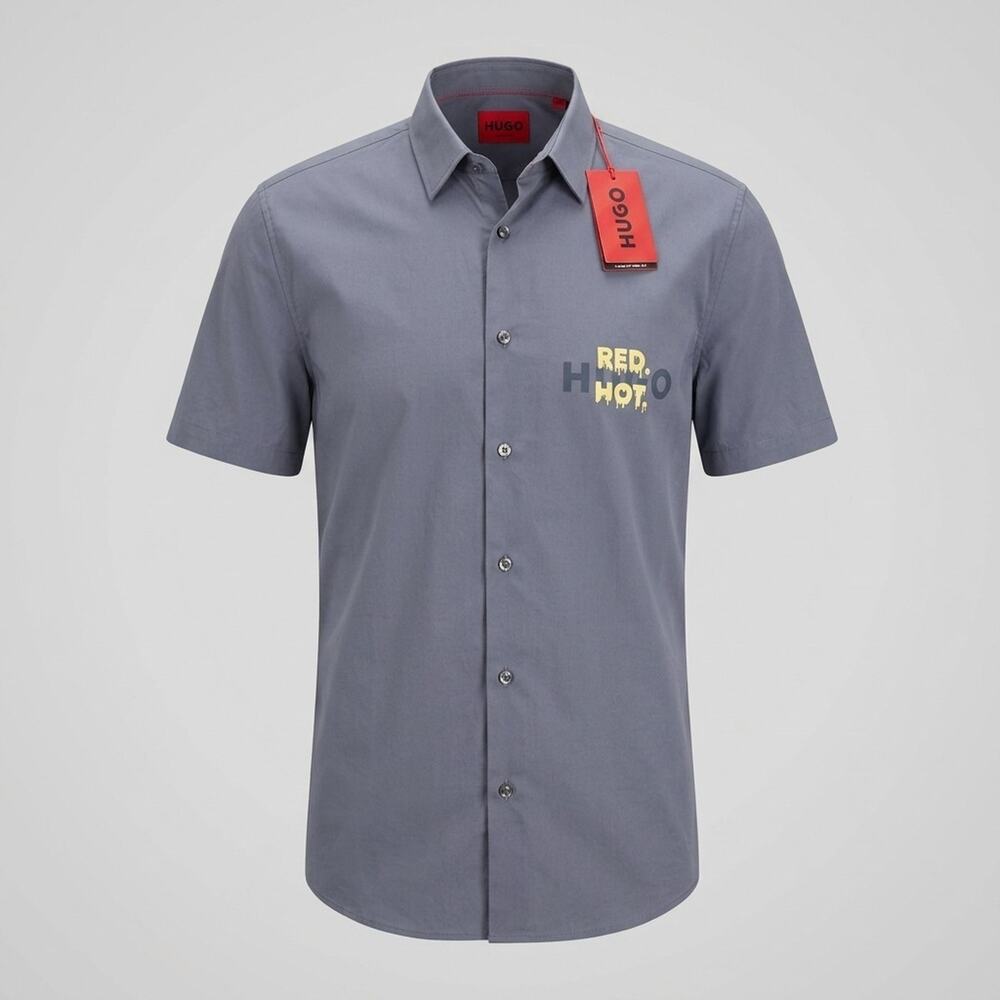 HUGO Boss Mens Gray Red Graphic Short Sleeve Button Shirt Size M NWT